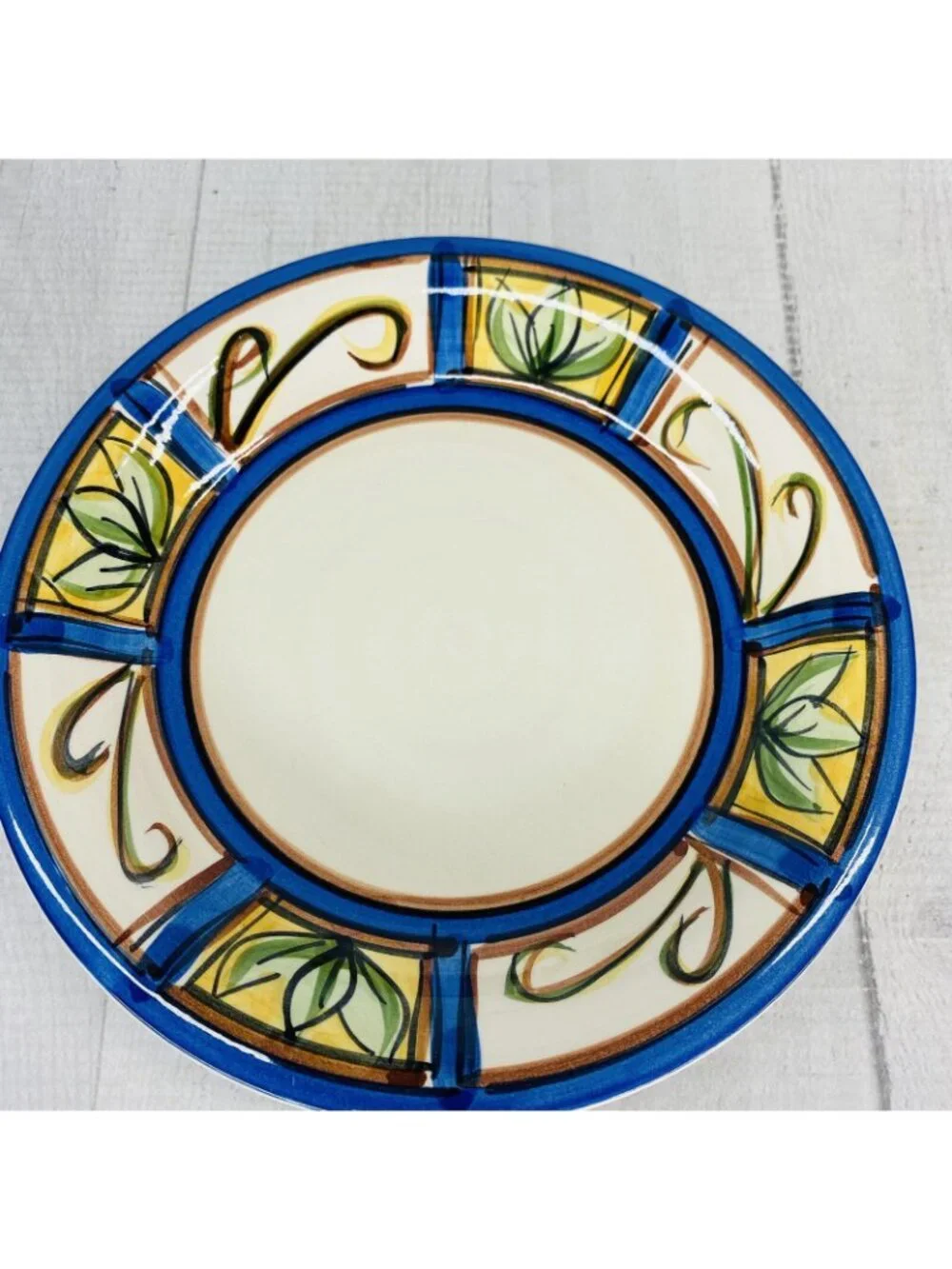 Liddy GREEN PLANTS Hand Painted Blue Trim Ceramic Salad Snack Round Plates Set 6